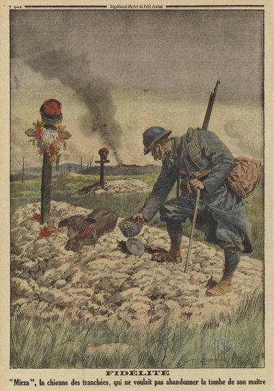 Lojalitet: Fransk arméhund som vägrar lämna sin döda mästares grav, första världskriget av Louis Charles (after) Bombled