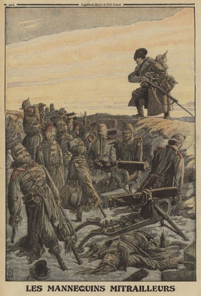 Rysk soldat som upptäcker en tysk skyttegrav med maskingevär bemannad av dummysoldater; första världskriget av Louis Charles (after) Bombled