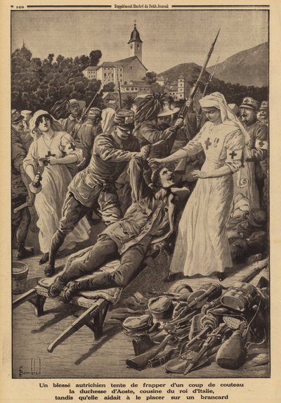 Sårad österrikisk soldat försökte knivhugga hertiginnan av Aosta, kusin till kung Victor Emmanuel III av Italien, som arbetar som frivillig sjuksköterska och försöker hjälpa honom upp på en bår, första världskriget av Louis Charles (after) Bombled