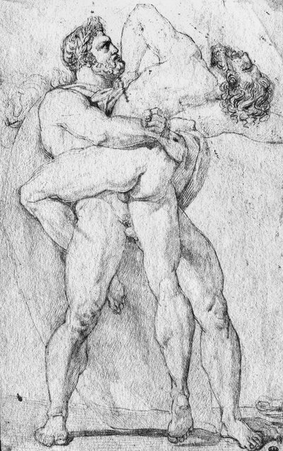 Hercules stryper Antaeus (grafitpenna på papper) av Louis Charles Auguste Couder