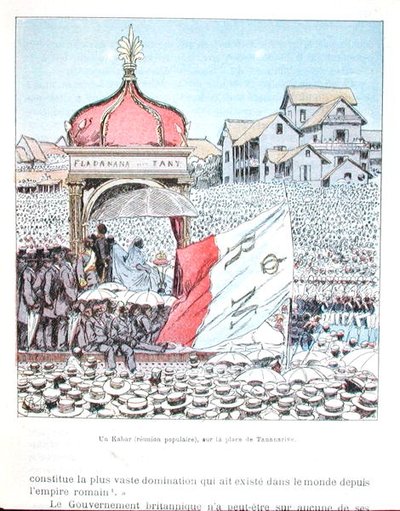Festivalsammankomst i Tananarive med drottning Ranavalona III (1862-1917), från "La guerre a Madagascar", slutet av 1800-talet (färg litho) av Louis Charles Bombled