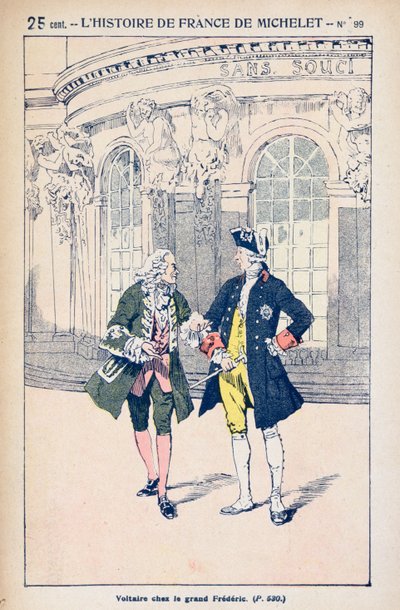 Francois Voltaire (1694-1778) med kung Fredrik II av Preussen (1712-86) i Sanssouci nära Potsdam, ur "Histoire de France" av Jules Michelet (1798-1874) omkring 1900. av Louis Charles Bombled