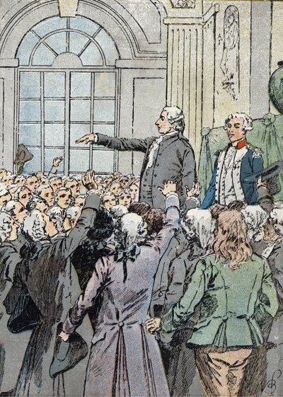 Franska revolutionen: "" Deputerade Jean Sylvain Bailly (1736-1793) valdes till borgmästare i Paris den 15/07/1789 i närvaro av La Fayette"" (politisk ledare Jean-Sylvain Bailly valdes till borgmästare i Paris den 15 juli 1789) Illustration av Louis Charle av Louis Charles Bombled