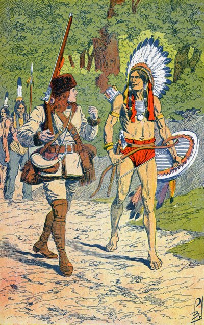 Franska fångstmän med indianer i Amerika av Louis Charles Bombled