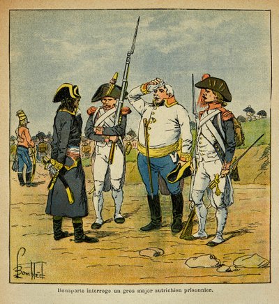 Illustration av Bombled Louis (1862-1927) från greve Emmanuel de Las Cases (1766-1842): Under den italienska kampanjen förhör Bonaparte en österrikisk fångeofficer, privat samling av Louis Charles Bombled