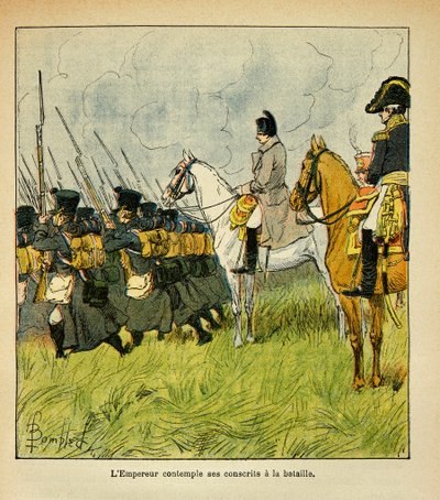 Illustration av Bombled Louis (1862-1927) från boken "The Memorial of Saint Helene" av greve Emmanuel de Las Cases (1766-1842): Kejsar Napoleon överväger sina värnpliktiga under ett slag, Privat samling av Louis Charles Bombled