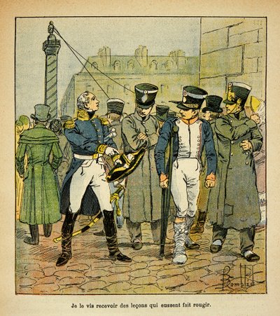 Illustration av Bombled Louis (1862-1927) från boken "The Memorial of Saint Helene" av greve Emmanuel de Las Cases (1766-1842): En före detta officer från Napoleon, under restaurering, uppmanar tidigare värnpliktiga att avvisa den kejserliga regimen, Samli av Louis Charles Bombled