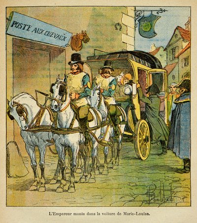 Illustration av Bombled Louis (1862-1927) från boken "The Memorial of Saint Helene" av greve Emmanuel de Las Cases (1766-1842): Kejsar Napoleon åker i bilen för att träffa sin fru Marie Louise 1810, privat samling av Louis Charles Bombled