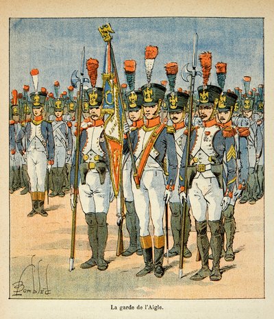 Illustration av Bombled Louis (1862-1927) från boken "The Memorial of Saint Helene" av greve Emmanuel de Las Cases (1766-1842): The Guard of the Eagle (skapad av Napoleon för att skydda flaggan), Privat samling av Louis Charles Bombled