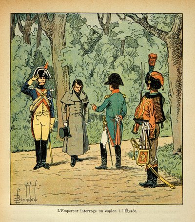 Illustration av Bombled Louis (1862-1927) från boken "The Memorial of Saint Helene" av greve Emmanuel de Las Cases (1766-1842): Kejsar Napoleon förhör en spion vid Elysee, privatsamling av Louis Charles Bombled