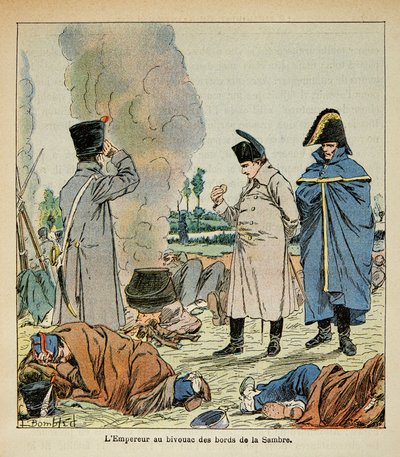 Illustration av Bombled Louis (1862-1927) från boken "The Memorial of Saint Helene" av greve Emmanuel de Las Cases (1766-1842): Napoleon under en bivack äter soldaternas bröd, Privat samling av Louis Charles Bombled