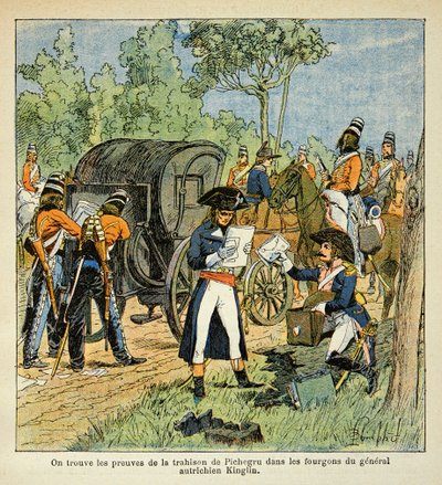 Illustration av Bombled Louis (1862-1927) från boken "The Memorial of Saint Helene" av greve Emmanuel de Las Cases (1766-1842): Under passagen av Rhen upptäcker Moreau korrespondensen mellan Pichegru och prinsen av Conde i skåpbilarna av av Louis Charles Bombled