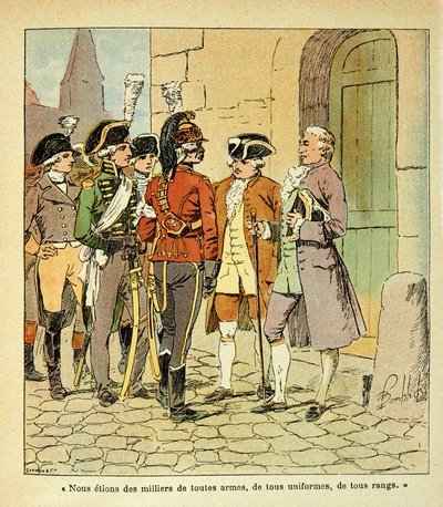 Illustration av Bombled Louis (1862-1927) från boken "The Memorial of Saint Helene" av greve Emmanuel de Las Cases (1766-1842): Emigrers to Coblenz (Koblenz) under the Revolution, Privat samling av Louis Charles Bombled