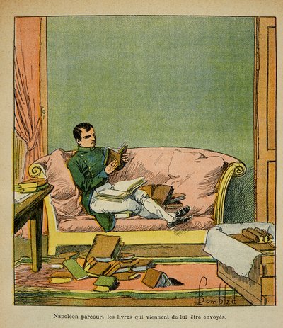 Illustration af Bombled Louis (1862-1927) fra bogen "The Memorial of Saint Helene" af Grev Emmanuel de Las Cases (1766-1842): Kejser Napoleon rejser gennem de bøger, der netop er blevet sendt til St. Helene, Private Collectionswed av Louis Charles Bombled