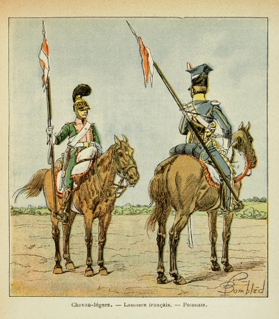 Illustration av Bombled Louis (1862-1927) från boken "The Memorial of Saint Helene" av greve Emmanuel de Las Cases (1766-1842): Light Horses of the Guard: French and Polish Lancier, Private Collection av Louis Charles Bombled