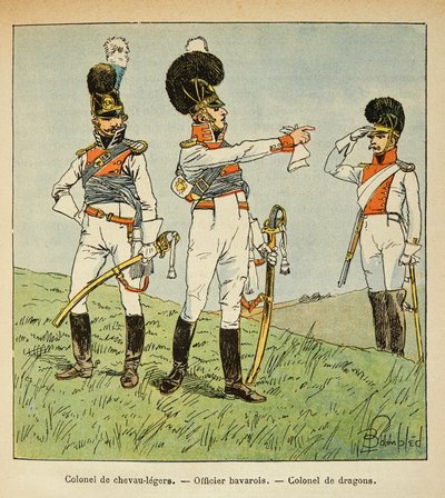 Illustration av Bombled Louis (1862-1927) från boken "The Memorial of Saint Helene" av greve Emmanuel de Las Cases (1766-1842): Bayersk militär: Överste av lätta hästar; bayersk officer; Överste av drakarna, privat samling av Louis Charles Bombled