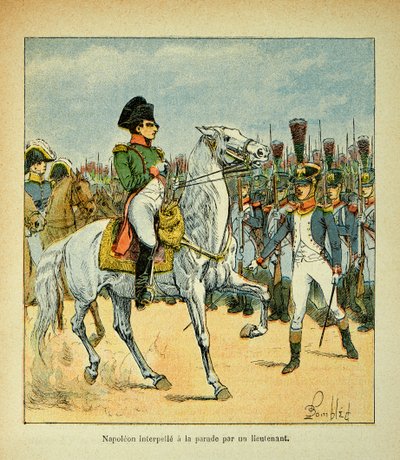 Illustration av Bombled Louis (1862-1927) från boken "The Memorial of Saint Helene" av greve Emmanuel de Las Cases (1766-1842): Napoleon kallar till en parad av en löjtnant, Privat samling av Louis Charles Bombled