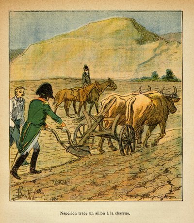 Illustration av Bombled Louis (1862-1927) från boken "The Memorial of Saint Helene" av greve Emmanuel de Las Cases (1766-1842): På St. Helene spårar kejsar Napoleon en fåra till plogen, privatsamling av Louis Charles Bombled