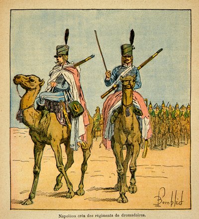 Illustration av Bombled Louis (1862-1927) från boken "The Memorial of Saint Helene" av greve Emmanuel de Las Cases (1766-1842): Under den egyptiska kampanjen skapade Napoleon Bonaparte regementen av kameler, privat samling av Louis Charles Bombled