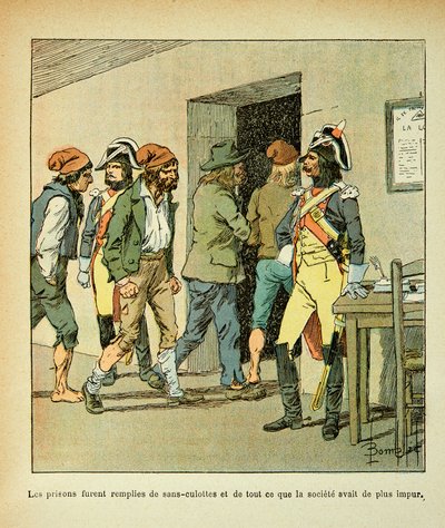 Illustration av Bombled Louis (1862-1927) från boken "The Memorial of Saint Helene" av greve Emmanuel de Las Cases (1766-1842): Under den franska revolutionen fylldes fängelserna, privat samling. av Louis Charles Bombled
