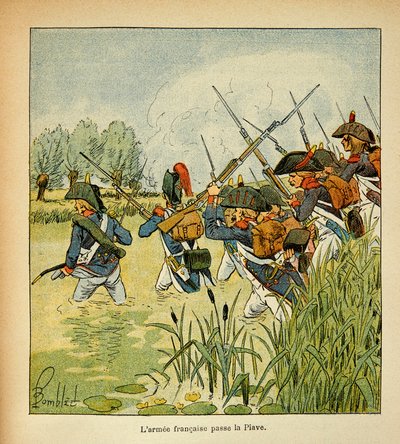 Illustration av Bombled Louis (1862-1927) från boken "The Memorial of Saint Helene" av greve Emmanuel de Las Cases (1766-1842): Den franska armén passerar Piave under det italienska fälttåget, privat samling. av Louis Charles Bombled