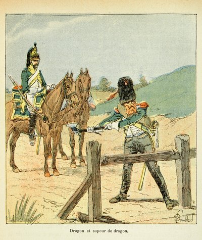 Illustration av Bombled Louis (1862-1927) från boken "The Memorial of Saint Helene" av greve Emmanuel de Las Cases (1766-1842): Franska armén: drake och draksappare, privat samling. av Louis Charles Bombled