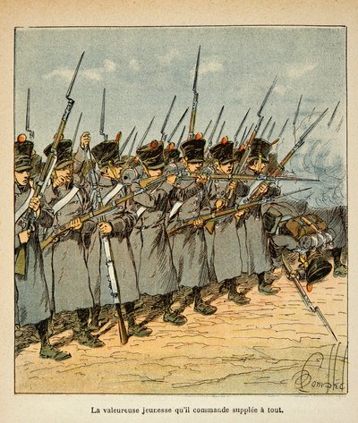 Illustration av Bombled Louis (1862-1927) från boken "The Memorial of Saint Helene" av greve Emmanuel de Las Cases (1766-1842): Fransmännen under slaget vid Lutzen 1813, privat samling av Louis Charles Bombled