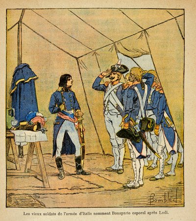 Illustration av Bombled Louis (1862-1927) från boken "The Memorial of Saint Helene" av greve Emmanuel de Las Cases (1766-1842): De gamla soldaterna från den italienska armén utnämnde Bonaparte till korpral efter slaget vid Lodi 1796, menig Samling av Louis Charles Bombled