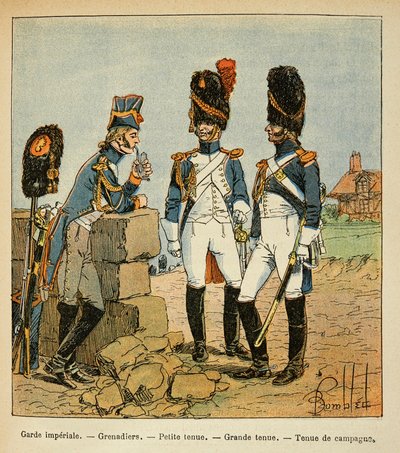 Illustration av Bombled Louis (1862-1927) från boken "The Memorial of Saint Helene" av greve Emmanuel de Las Cases (1766-1842): Kejserliga gardets grenadjärer: Liten outfit; stor outfit och country outfit, Privat samling av Louis Charles Bombled