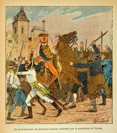 Illustration av Bombled Louis (1862-1927) från boken "The Memorial of Saint Helene" av greve Emmanuel de Las Cases (1766-1842): Parlamentarikern i Marechal Lannes misshandlad av befolkningen i Wien, privat samling av Louis Charles Bombled