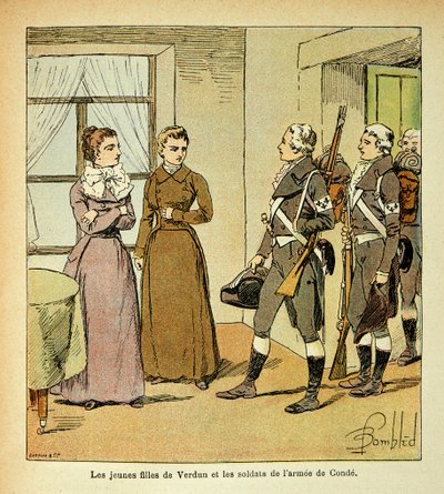 Illustration av Bombled Louis (1862-1927) från boken "The Memorial of Saint Helene" av greve Emmanuel de Las Cases (1766-1842): The Young Daughters of Verdun and the Soldiers of the Armee of Conde (Armee des Emigrres), Privat samling av Louis Charles Bombled