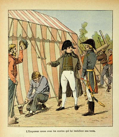 Illustration av Bombled Louis (1862-1927) från boken "The Memorial of Saint Helene" av greve Emmanuel de Las Cases (1766-1842): Kejsar Napoleon pratar med sjömännen som satte upp ett tält åt honom, Privat samling av Louis Charles Bombled