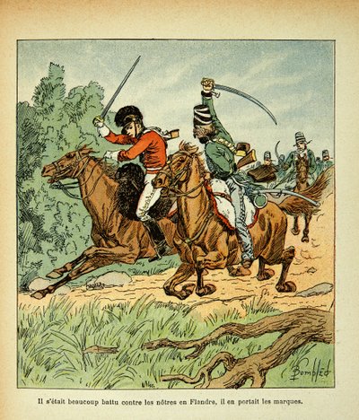 Illustration av Bombled Louis (1862-1927) från boken "The Memorial of Saint Helene" av greve Emmanuel de Las Cases (1766-1842): Strid mellan franska och engelska ryttare, Privat samling av Louis Charles Bombled