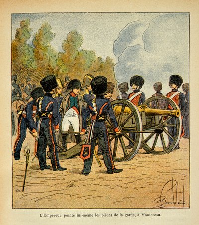 Illustration av Bombled Louis (1862-1927) från boken "The Memorial of Saint Helene" av greve Emmanuel de Las Cases (1766-1842): Kejsar Napoleon riktar själv vaktens vapen mot slaget vid Montereau, privat samling av Louis Charles Bombled