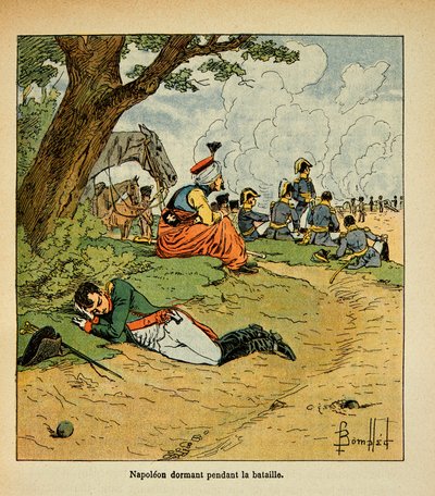 Illustration av Bombled Louis (1862-1927) från boken "The Memorial of Saint Helene" av greve Emmanuel de Las Cases (1766-1842): Kejsaren Napoleon sover under striden, Privat samling av Louis Charles Bombled
