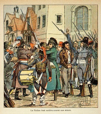 Illustration av Bombled Louis (1862-1927) från boken "The Memorial of Saint Helene" av greve Emmanuel de Las Cases (1766-1842): Hela nationen sprang till vapen mot engelsmännen, privat samling av Louis Charles Bombled