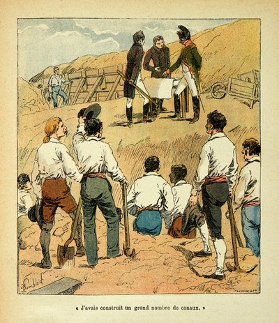 Illustration av Bombled Louis (1862-1927) från boken "The Memorial of Sainte Helene" av greve Emmanuel de Las Cases (1766-1842): Napoleon regisserade stora verk i Frankrike under sin regering, Collection Partial av Louis Charles Bombled