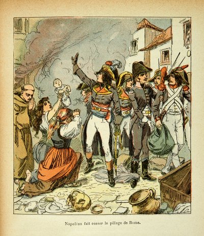 Illustration av Bombled Louis (1862-1927) från boken "The Memorial of St. Helene" av greve Emmanuel de Las Cases (1766-1842): Bonaparte upphör med plundringen av Rom, privat samling av Louis Charles Bombled