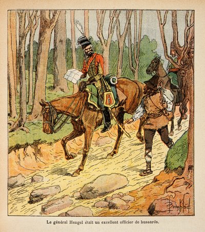 Illustration av Bombled Louis (1862-1927) från boken "The Memorial of St. Helene" av greve Emmanuel de Las Cases (1766-1842): General Hengel, officer av husarer under den italienska kampanjen, privat samling av Louis Charles Bombled