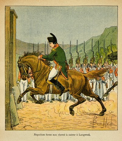 Illustration av Bombled Louis (1862-1927) från boken "The Memorial of St. Helene" av greve Emmanuel de Las Cases (1766-1842): Kejsar Napoleon tvingar sin häst att gå in i Longwood vid St. Helene, privat samling av Louis Charles Bombled