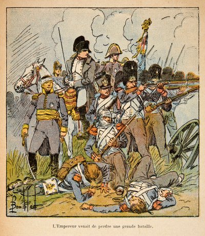 Illustration av Bombled Louis (1862-1927) från boken "The Memorial of St. Helene" av greve Emmanuel de Las Cases (1766-1842): Kejsaren Napoleon vid slaget vid Waterloo 1815, privat samling av Louis Charles Bombled