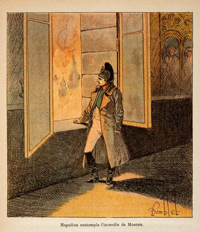 Illustration av Bombled Louis (1862-1927) från boken "The Memorial of St. Helene" av greve Emmanuel de Las Cases (1766-1842): Kejsar Napoleon överväger Moskvas brand i september 1812, privat samling av Louis Charles Bombled