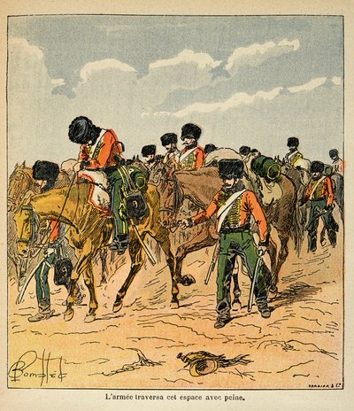 Illustration av Bombled Louis (1862-1927) från boken "The Memorial of St. Helene" av greve Emmanuel de Las Cases (1766-1842): Den kejserliga armén korsar med svårighet de ryska slätterna före Moskva, privat samling av Louis Charles Bombled