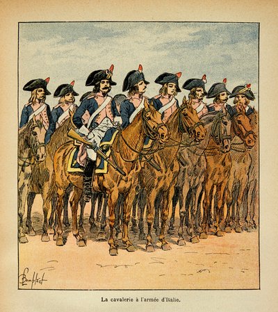 Illustration av Bombled Louis (1862-1927) från boken "The Memorial of St. Helene" av greve Emmanuel de Las Cases (1766-1842): Kavalleri med Armee of Italy, Privat samling av Louis Charles Bombled