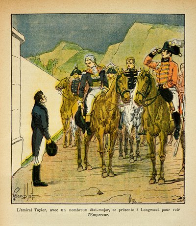 Illustration av Bombled Louis (1862-1927) från boken "The Memorial of St. Helene" av greve Emmanuel de Las Cases (1766-1842): Amiral Taylor med en generalstab presenterar sig i Longwood för att träffa kejsar Napoleon, privatsamling av Louis Charles Bombled