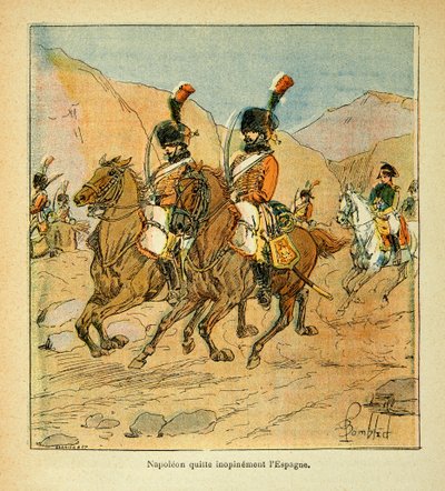 Illustration av Bombled Louis (1862-1927) från boken "The Memorial of St. Helene" av greve Emmanuel de Las Cases (1766-1842): Kejsar Napoleon lämnar brådskande Spanien av Louis Charles Bombled