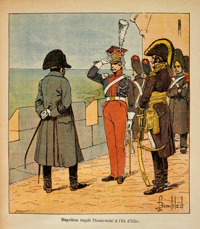 Illustration av Bombled Louis (1862-1927) från boken "The Memorial of St. Helene" av greve Emmanuel de Las Cases (1766-1842): Kejsar Napoleon tar emot marskalken Poniatowski på ön Elba, privat samling. av Louis Charles Bombled
