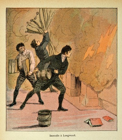 Illustration av Bombled Louis (1862-1927) från boken "The memorial se Sainte Helene" av greve Emmanuel de Las Cases (1766-1842): Fire a Longwood, Private Collection av Louis Charles Bombled