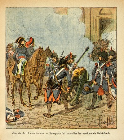 Illustration av Bombled Louis (1862-1927) från boken "The memorial se Sainte Helene" av greve Emmanuel de Las Cases (1766-1842): Fredag den 13:e dagen, Bonaparte låter Saint Rochs sektioner skjuta med en kanon, privat samling. av Louis Charles Bombled