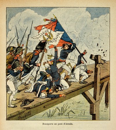 Illustration av Bombled Louis (1862-1927) från boken "The memorial se Sainte Helene" av greve Emmanuel de Las Cases (1766-1842): Bonaparte vid bron av Arcole, privat samling av Louis Charles Bombled